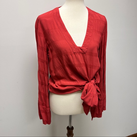 Free People Bell Sleeve Coral Tie Up Top - Picture 3 of 8